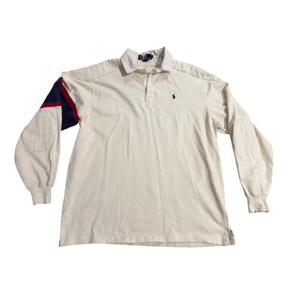 Polo Ralph Lauren Rugby Shirt Mens XL Cream  Elbow Patches Striped Sleeve USA